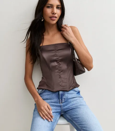 New Look Women's Dark Brown Satin Strapless Corset Top