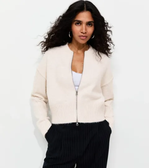 New Look Women's Cream Knitted Exposed Seam Bomber Cardigan