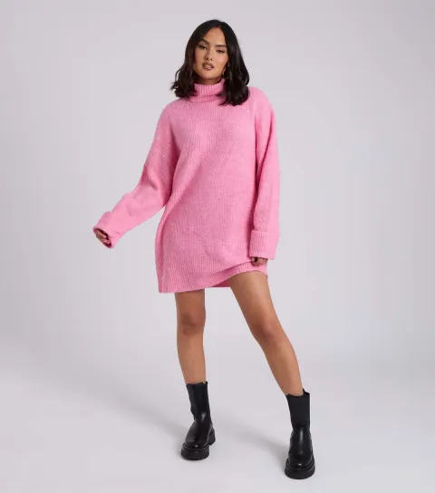 Women's Pink Roll Neck Knit Mini Dress