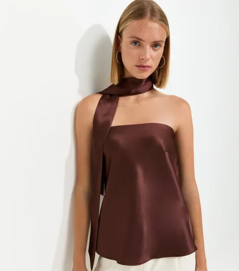 Women's Dark Brown Satin Bandeau Top with Scarf