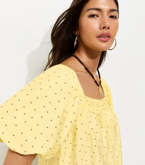 Women's Light Yellow Square Neck Polka Dot Blouse