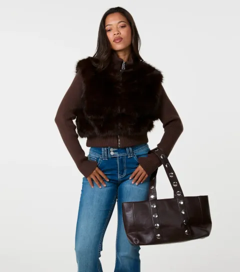 Women's Dark Brown Faux Fur Panelled Zip Front Jacket