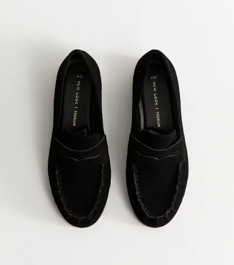 Women's Premium Real Suede Black Penny Slot Loafers