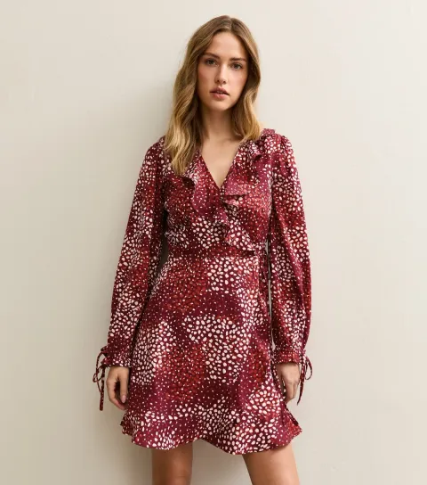 Women's Red Speckled Crepe Ruffle Wrap Mini Dress