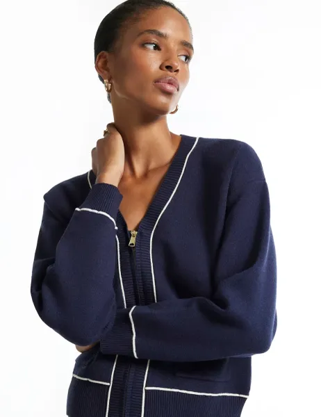River Island V-Neck Tipped Button Front Cardigan Navy