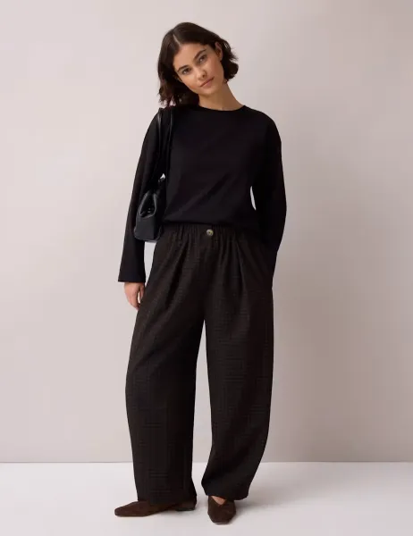 RO&ZO Checked Pleat Front Barrel Leg Trousers Brown Mix