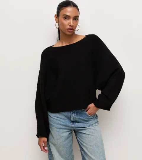 Women's Black Slash Neck Batwing Sleeve Jumper