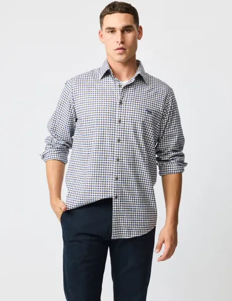 Rodd & Gunn Cotton Linen Blend Checked Oxford Shirt Brown Mix
