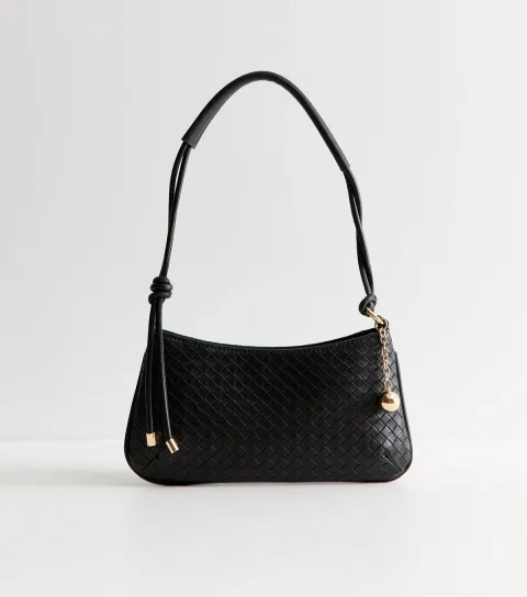 New Look Black Faux Leather Woven Texture Shoulder Bag