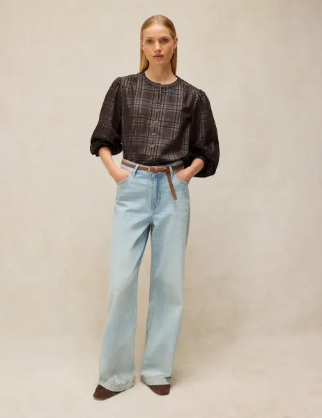 White Stuff Pure Cotton Cord Checked Blouse Brown