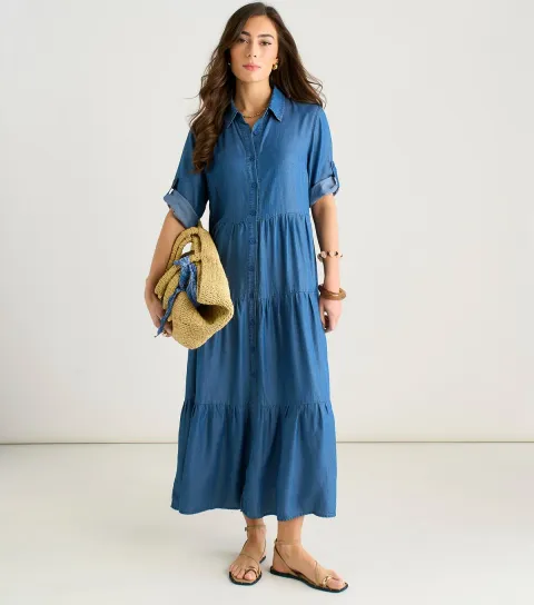Women's Blue Chambray Maxi Shirt Dress