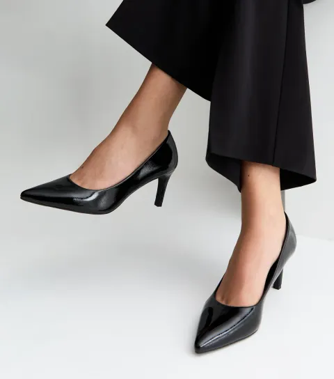 Women's Black Patent Faux Leather Pointed Toe Court Shoes Vegan