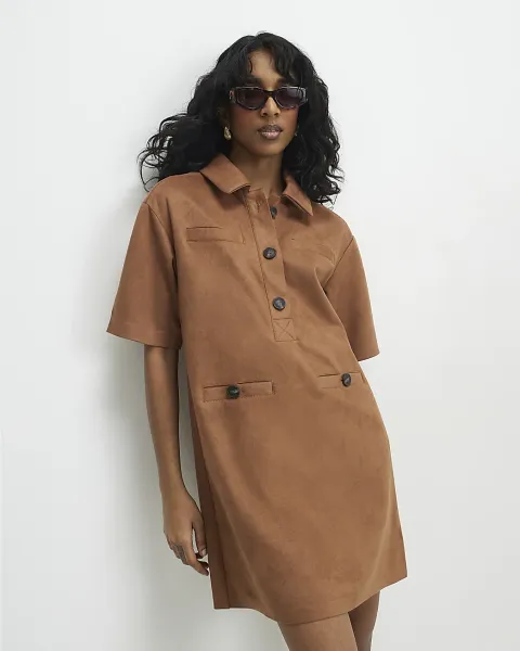 River Island Faux Suede Short Sleeve Shirt Dress