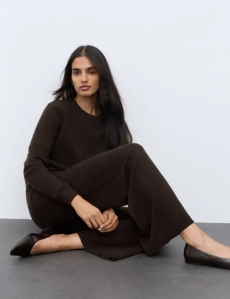 Autograph Pure Cashmere Wide Leg Trousers Bitter Chocolate
