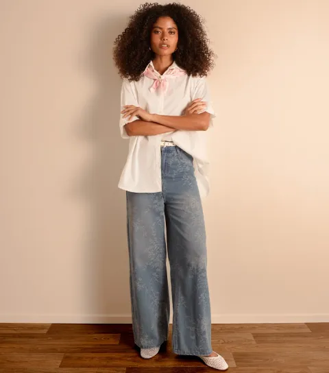 Women's Blue Floral Print Wide Leg Jeans