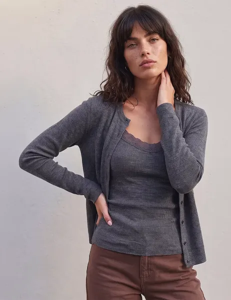 Roman Lace Detail 2 In 1 Cardigan Charcoal Mix
