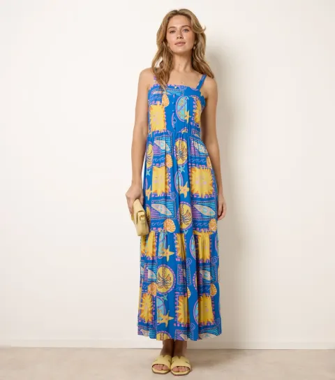 Women's Blue Sun Print Strappy Midi Dress