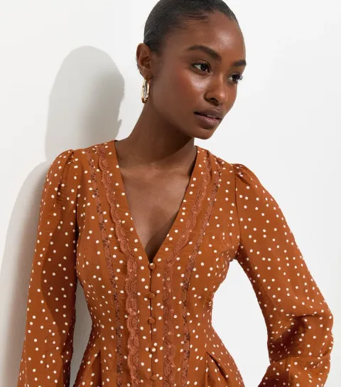Women's Orange Lace Trim Spot Print Button Blouse