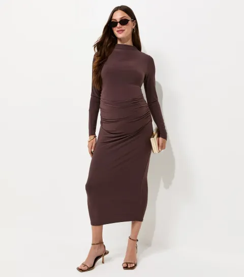 Women's Maternity Dark Brown Long Sleeve High Neck Ruched Midi Dress