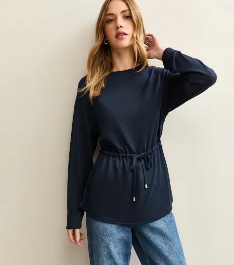 Women's Navy Soft Touch Tie Waist Top