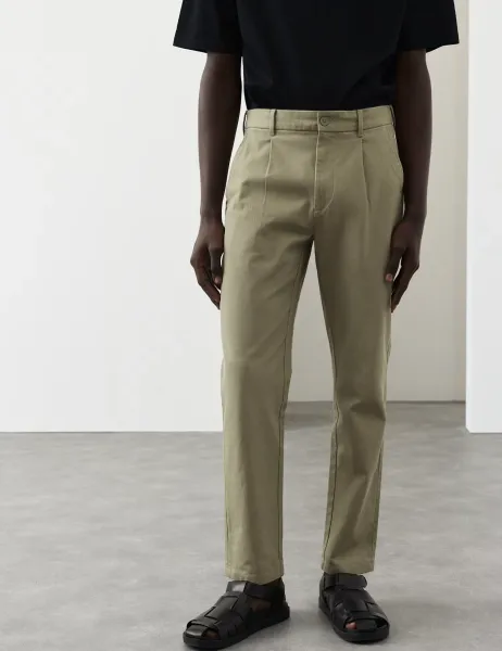 Autograph Tapered Fit Textured Dobby Pleat Front Chinos Olive
