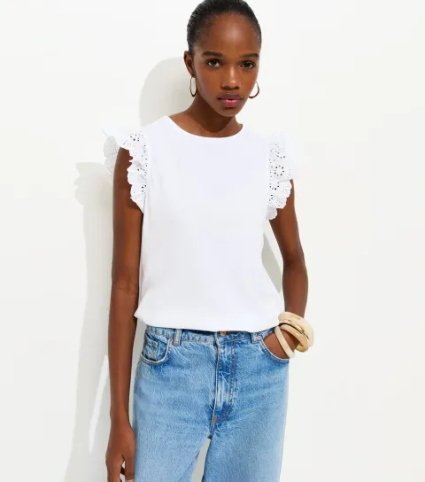 Women's White Broderie Frill Sleeve Top