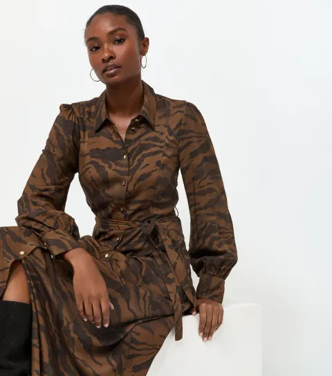 Women's Brown Animal Print Long Sleeve Midi Shirt Dress