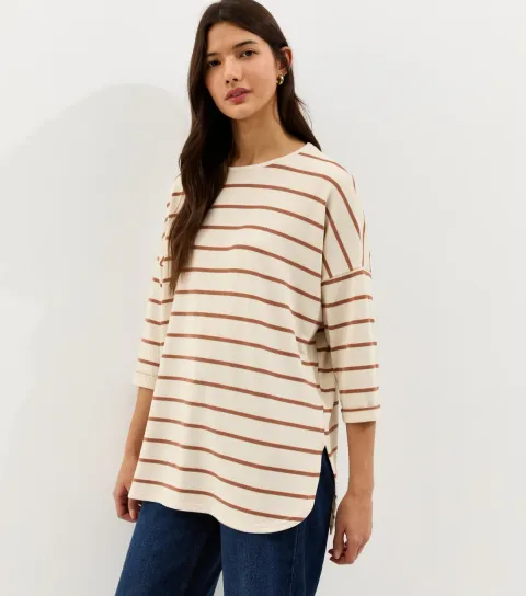 Women's Cream Striped Cropped Sleeve Oversized Top