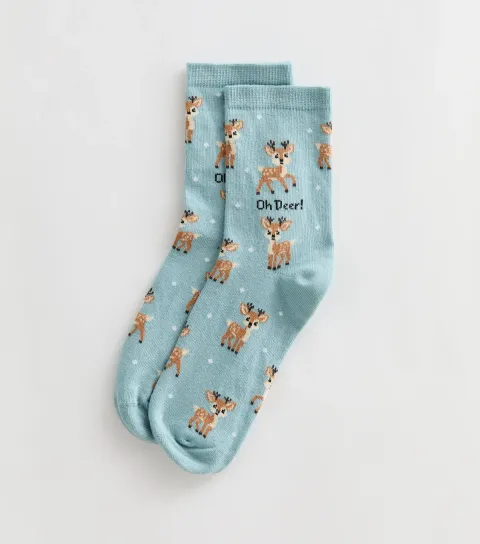 New Look Light Green Cotton Rich Oh Deer Pattered Ankle Socks