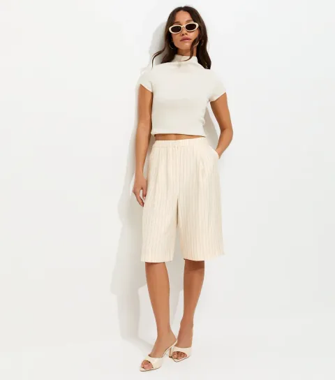 Women's Cream Pinstripe Tailored Jort Shorts
