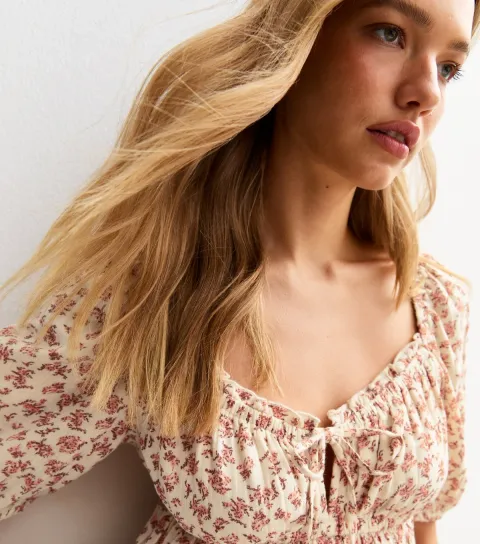 Women's Pink Ditsy Print Three Quarter Sleeve Milkmaid Top