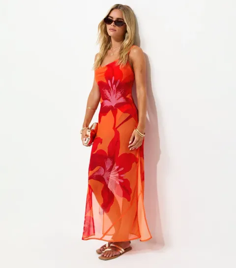 Women's Petite Orange Hibiscus Maxi Beach Dress