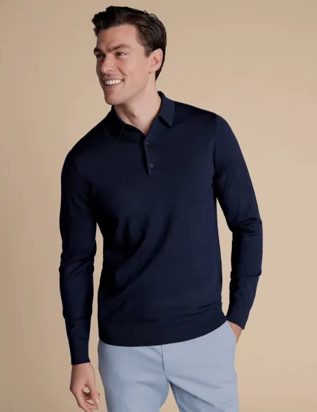 Charles Tyrwhitt Pure Merino Wool Collared Neck Jumper Navy
