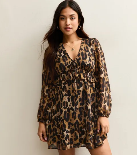 Women's Petite Chiffon Animal Print Long Sleeve Mini Dress