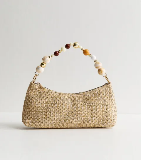 Stone Raffia Look Beaded Handle Shoulder Bag