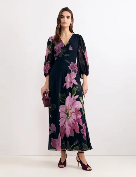 Phase Eight Floral V-Neck Maxi Dress Navy Mix