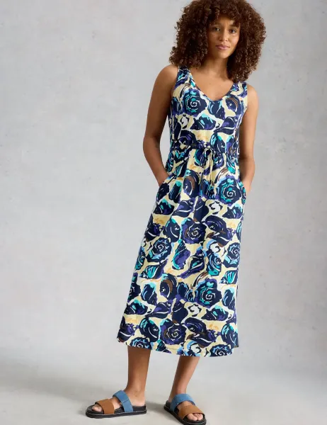 White Stuff Pure Cotton Jersey Printed Midi Waisted Dress Navy Mix