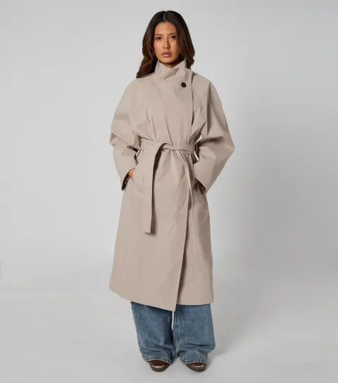 Women's Stone High Neck Belted Trench Coat