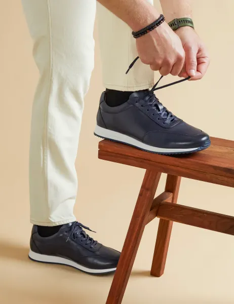 Jones Bootmaker Leather Lace Up Trainers Navy