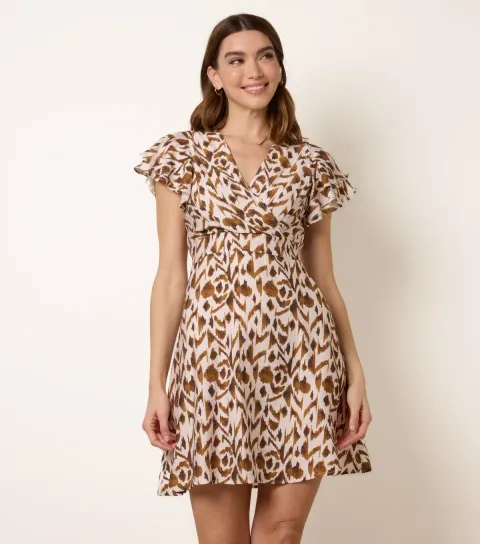 Women's Light Brown Printed Wrap Mini Dress