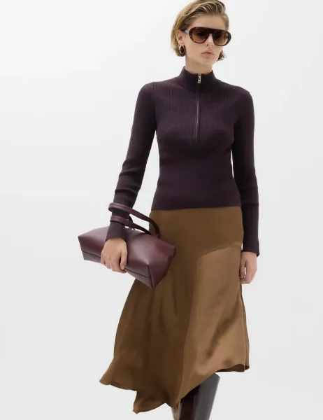 Marks & Spencer Ribbed Textured Half Zip Fitted Knitted Top Dark Mulberry