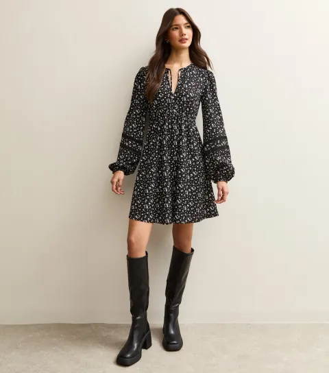 Women's Black Floral Crinkle Lace Mini Dress