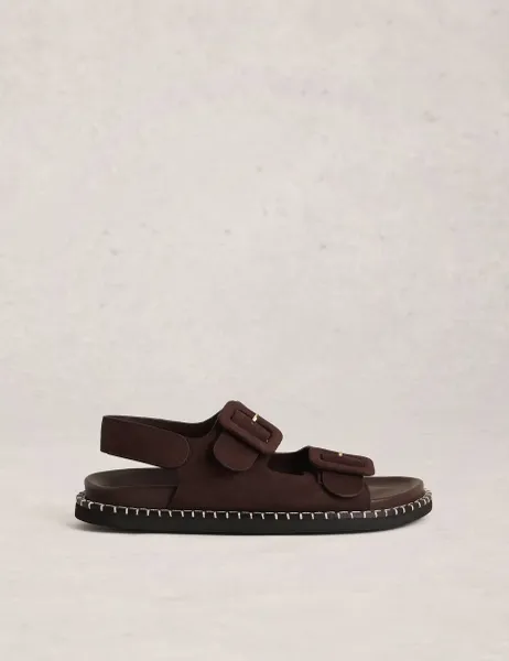 White Stuff Suede Buckle Flat Footbed Sandals Brown