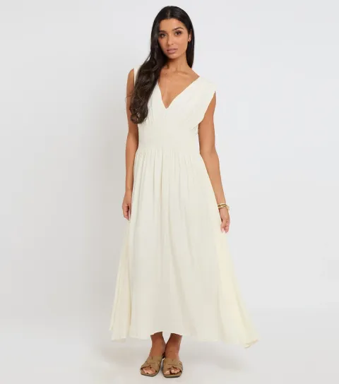 Women's Cream Elasticated Waist Maxi Dress
