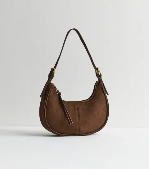 Dark Brown Faux Suede Scoop Shoulder Bag