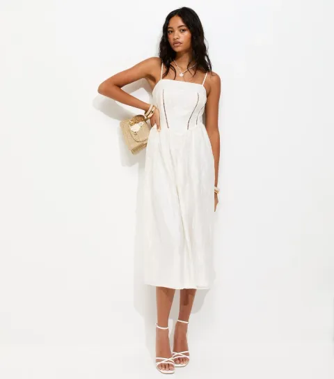New Look Women's White Sparkly Floral Jacquard Midi Dress