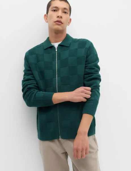 Marks & Spencer Cotton Rich Checked Zip Up Knitted Jacket Cedar