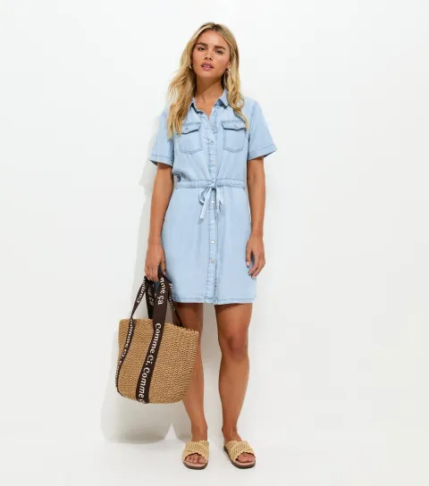 Women's Petite Light Blue Short Sleeve Chambray Shirt Dress