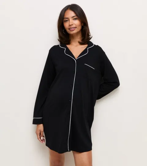 New Look Women's Maternity Black Cotton Revere Collar Night Dress