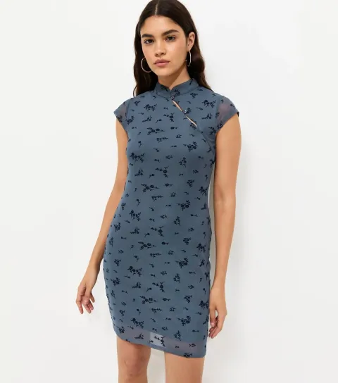 New Look Women's Navy Floral Flocked Mandarin Collar Mini Dress